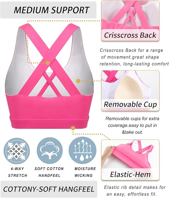 RUNNING GIRL Sports Bras for Women,Padded Strappy Sports Bras Criss-Cross Back Medium Support Sports Bras with Removable Cups