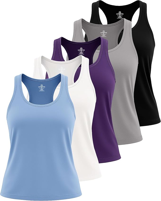Real Essentials 5 Pack: Women's Racerback Tank Top Dry-Fit Athletic Performance Yoga Activewear (Available in Plus Size)