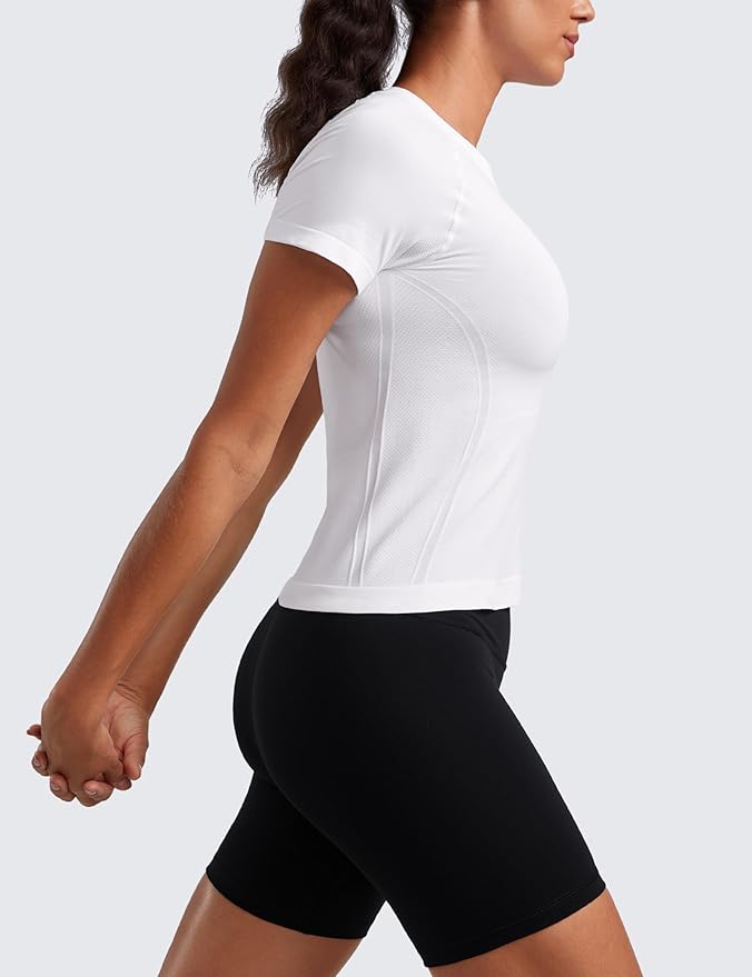 CRZ YOGA Seamless Workout Tops for Women Waist Length - Running Gym Athletic Yoga Short Sleeve Shirts Breathable Crewneck