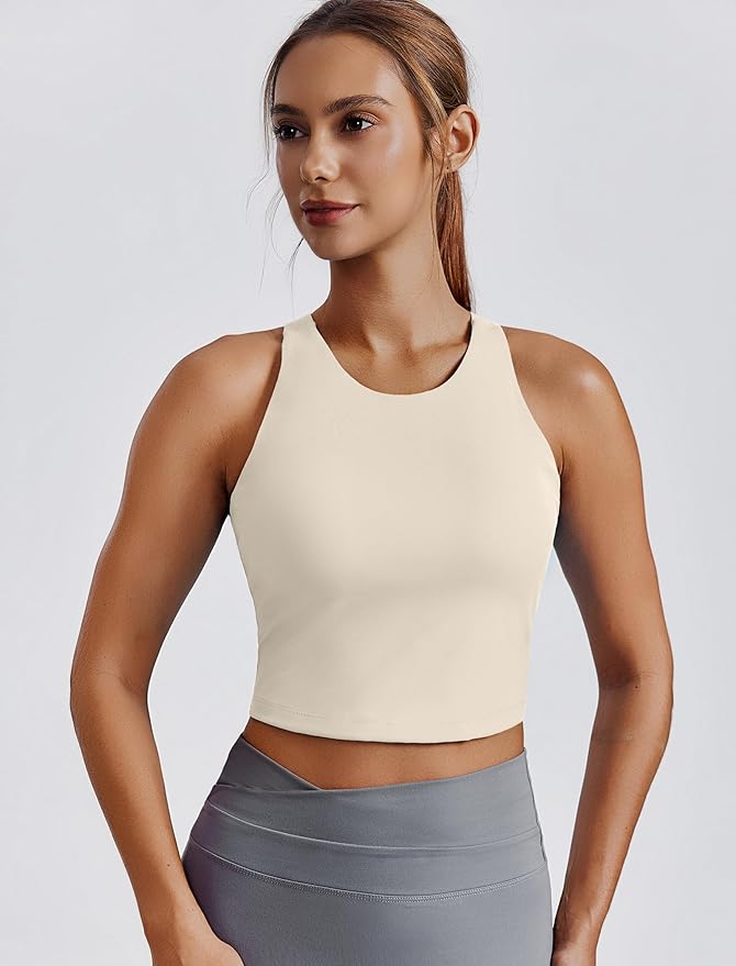 PINSPARK Women Sports Bra High Neck Racerback Workout Crop Tank Top Longline Padded Yoga Tops with Built in Pads