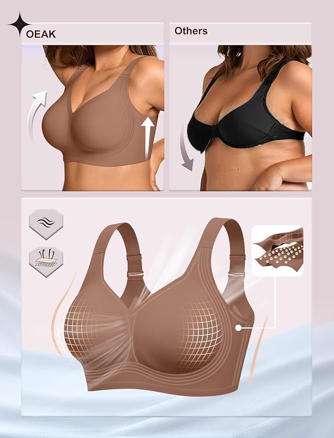 OEAK Womens Wireless Jelly Bra Plus Size Supportive Seamless Bras Full Coverage Push Up Comfortable No Underwire Tshirt Bras