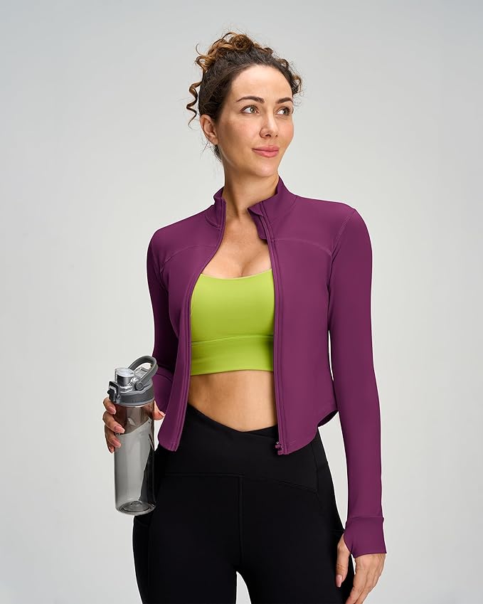 Women BBL Jacket Full Zip UP Workout Athletic Cropped Jacket wIth Thumb Holes Running Yoga Sportswear