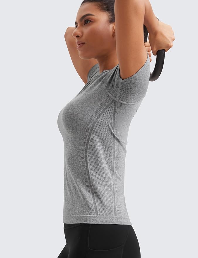 CRZ YOGA Seamless Workout Tops for Women Hip Length - Athletic Running Gym Yoga Short Sleeve Shirts Breathable Crewneck Tees