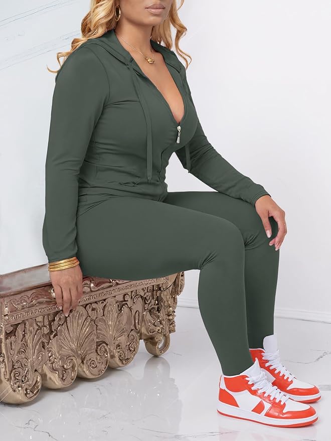 AUXDIO Women 2 Piece Outfits Casual Workout Sets Bodycon Tracksuit Zip Up Long Sleeve Hoodle Jacket Jogger Pants Set