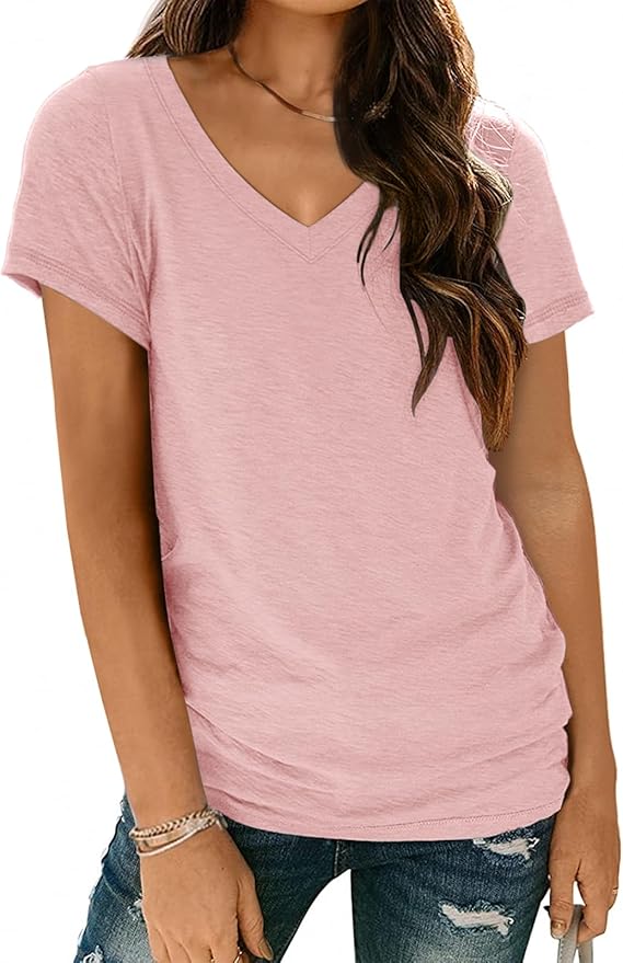 AUTOMET T-Shirts Short Sleeve V Neck Tees Tops for Women Fashion Trendy Lightweight Soft Casual Summer Outfits Clothes 2026