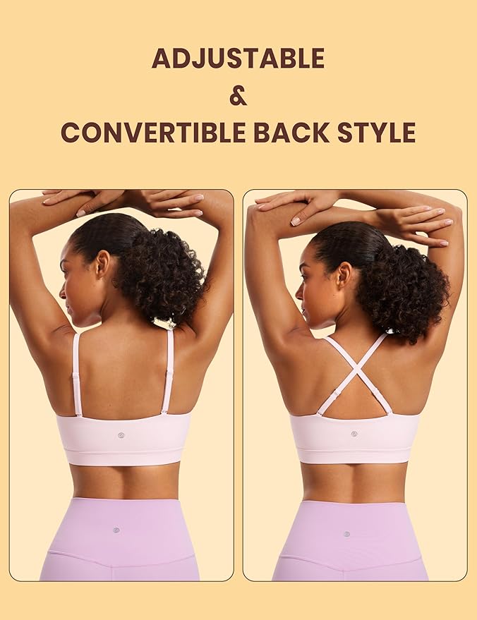 CRZ YOGA Butterluxe Womens Adjustable Spaghetti Thin Strap Sports Bra - Padded Wireless Square Neck Workout Yoga Clothes