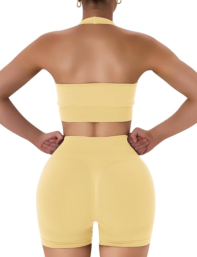 OLCHEE Workout Sets for Women 2 Piece Backless Halter Sports Bra High Waist Booty Shorts Yoga Gym Outfits Lounge Activewear