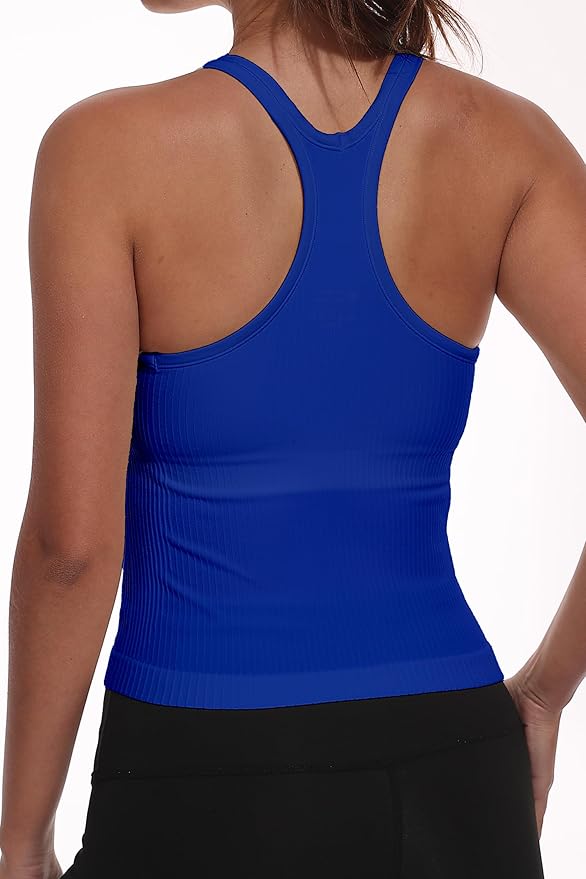 YIOIOIO Women Ribbed Workout Crop Tops with Built in Bra Seamless Yoga Racerback Tank Top Tight Fit