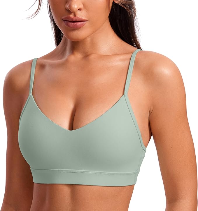 CRZ YOGA Butterluxe V-Neck Sports Bras for Women - Adjustable Thin Straps Padded Yoga Top Basic Wireless Camisole