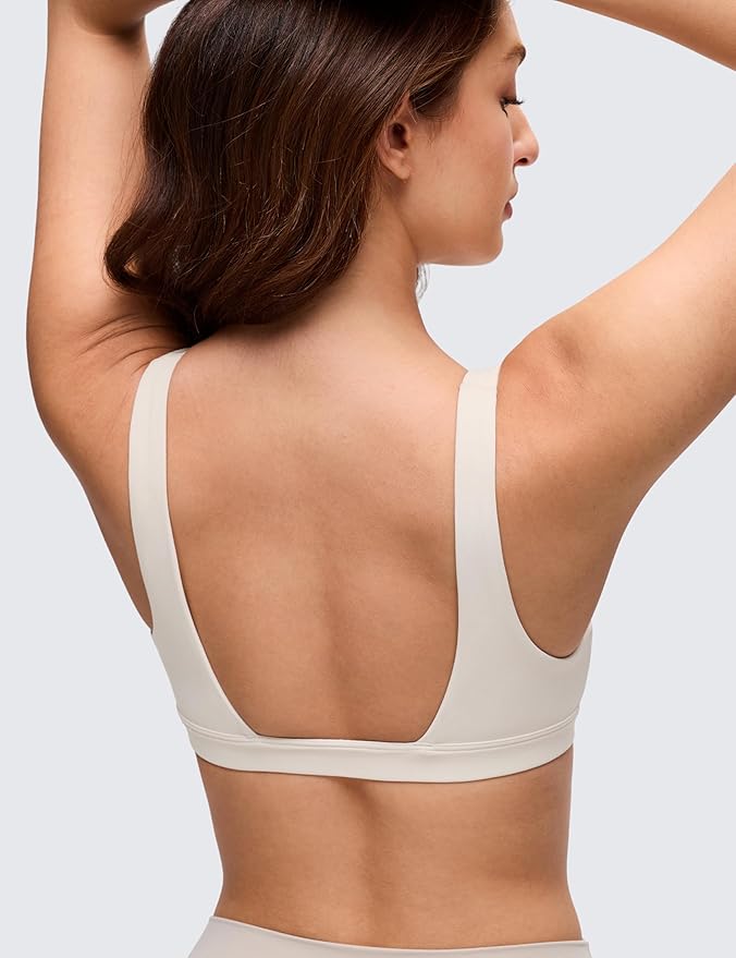 CRZ YOGA Butterluxe Soft Double Lined Deep V Neck Sports Bras for Women - Open Back Yoga Crop Top Casual Non Padded