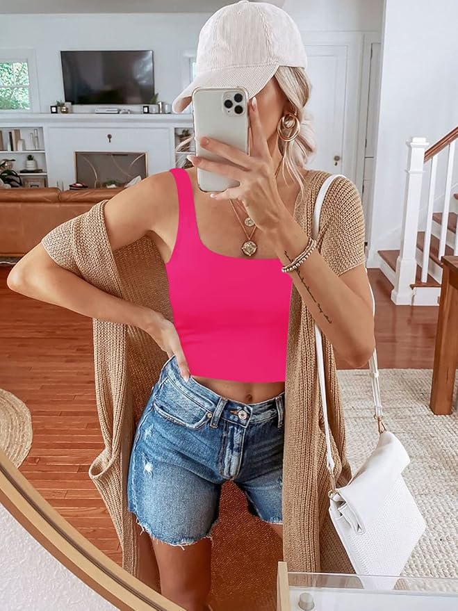 REORIA Women’s Sexy Square Neck Double Lined Seamless Sleeveless Cropped Tank Yoga Crop Basic Tops