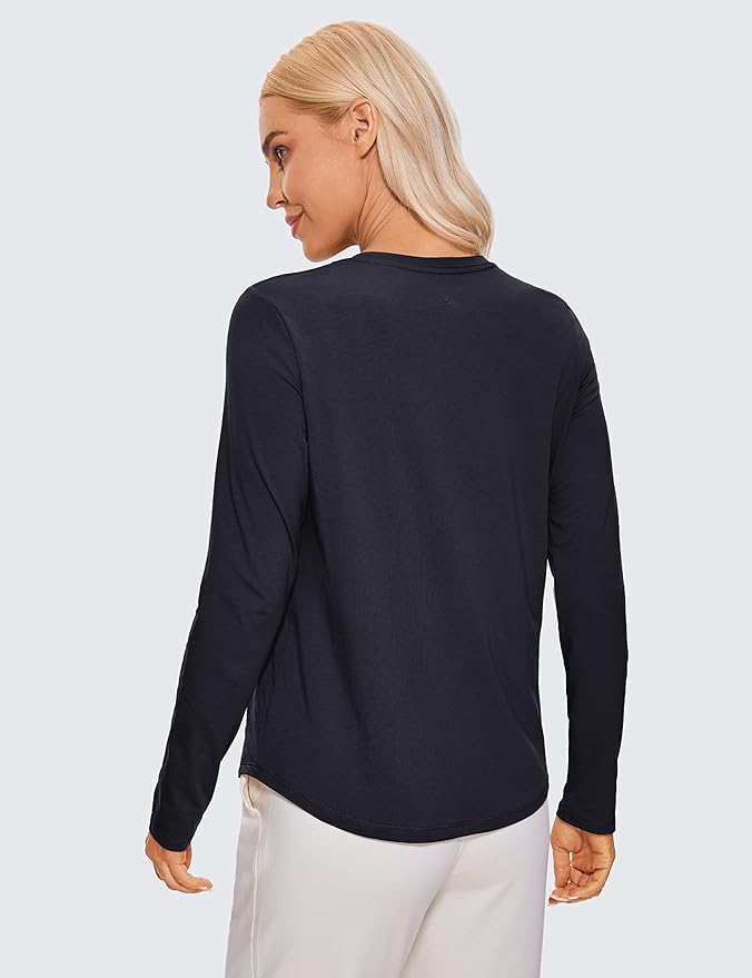 CRZ YOGA Pima Cotton Crewneck Long Sleeve Shirts for Women - Workout Athletic Yoga Casual Tops Soft Plain T-Shirt