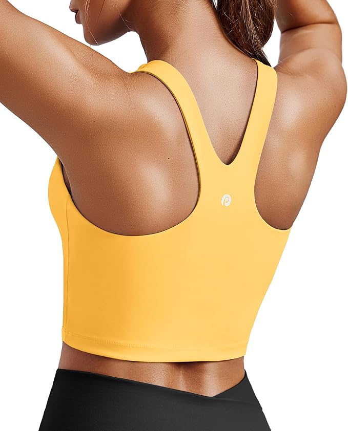 PINSPARK Women Sports Bra High Neck Racerback Workout Crop Tank Top Longline Padded Yoga Tops with Built in Pads