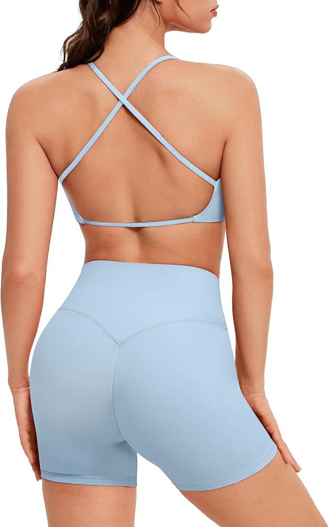 OMKAGI Workout Sets for Women Open Back Strappy Sports Bra Booty Biker Shorts Gym Outfits