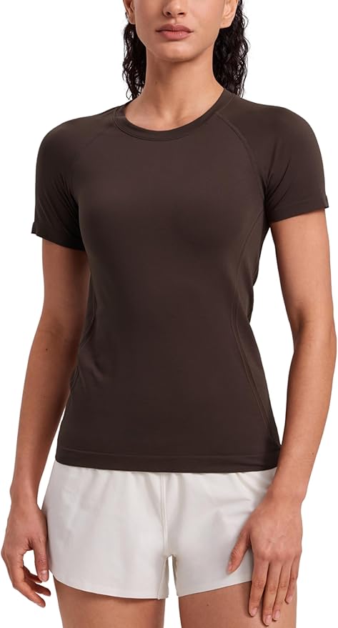 CRZ YOGA Seamless Workout Tops for Women Hip Length - Athletic Running Gym Yoga Short Sleeve Shirts Breathable Crewneck Tees