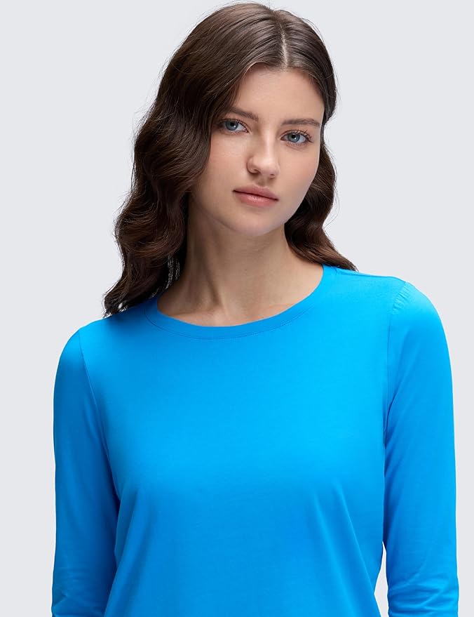 CRZ YOGA Pima Cotton Crewneck Long Sleeve Shirts for Women - Workout Athletic Yoga Casual Tops Soft Plain T-Shirt