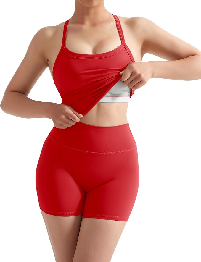 SUUKSESS Women 2 Piece Workout Sets High Waisted Tummy Control Biker Shorts Halter Padded Tank Tops