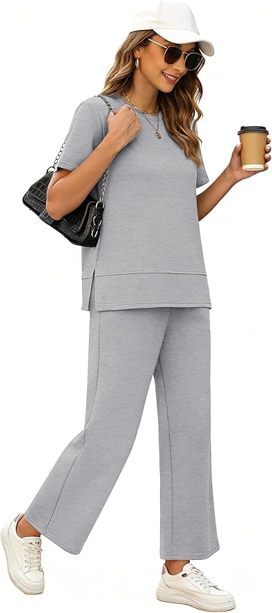 XIEERDUO Women's Side Slit Lounge Sets 2026 Fashion 2 Piece Travel Outfits Cozy Loungewear Wide Leg Tracksuits S-3XL