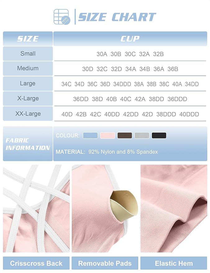 VEQKING Women's Cross Back Sports Bra Padded Strappy Medium Support Yoga Bra for Workout Fitness 3 Pack