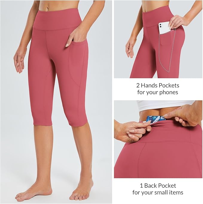 baleaf Women's Capri Leggings with Pockets High Waisted Knee Length Capris Stretch for Casual Yoga Pants Workout Exercise