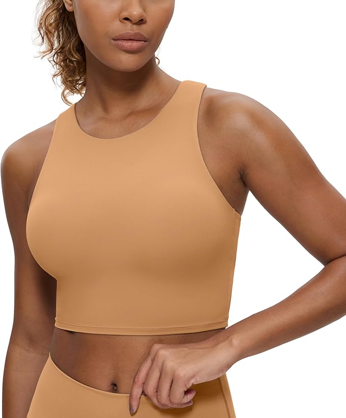 CRZ YOGA Butterluxe High Neck Crop Tank Tops for Women - Racerback Padded Longline Sports Bras Workout