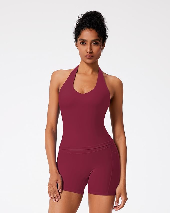 RXRXCOCO Halter Workout Sets for Women 2 Piece V Neck Tank Tops Hidden Scrunch Booty Shorts Gym Outfits with Pockets