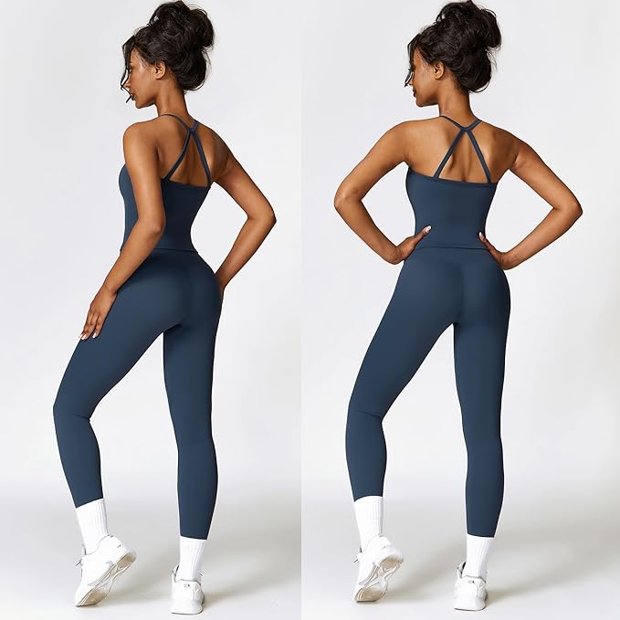 Women 2 Piece Workout Sets (NEW) Yoga Outfit Open Back Tank Top High Waisted Leggings Gym Sets Tracksuits