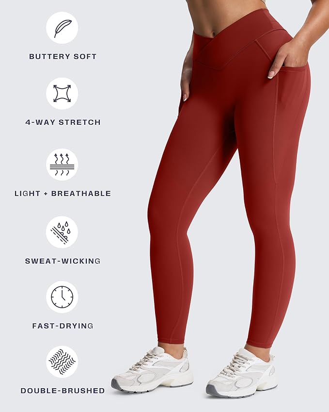 Aoxjox Women's Trinity High Waisted Yoga Pants with Pockets Cross-Waist Tummy Control Buttery Soft Workout Leggings 26"