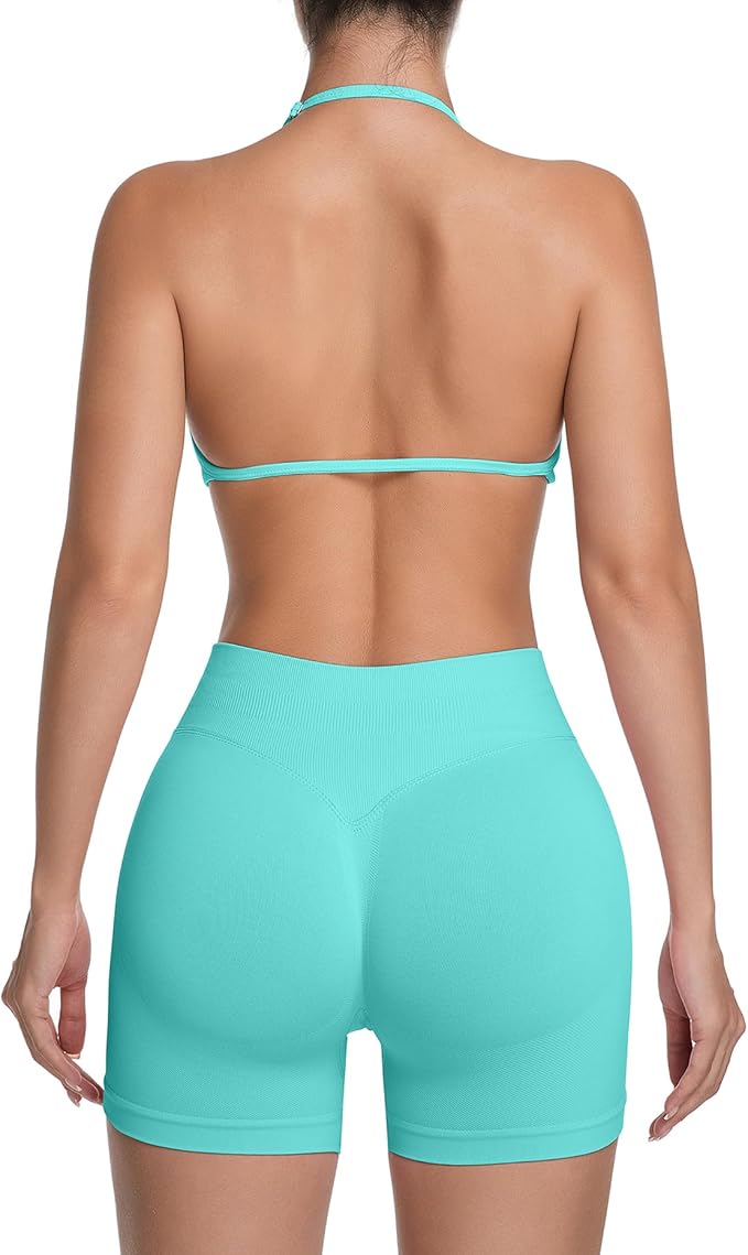 Comper 2 Piece Workout Sets for Women Halter Strappy Sports Bra with Seamless Ribbed Gym Yoga shorts Outfits