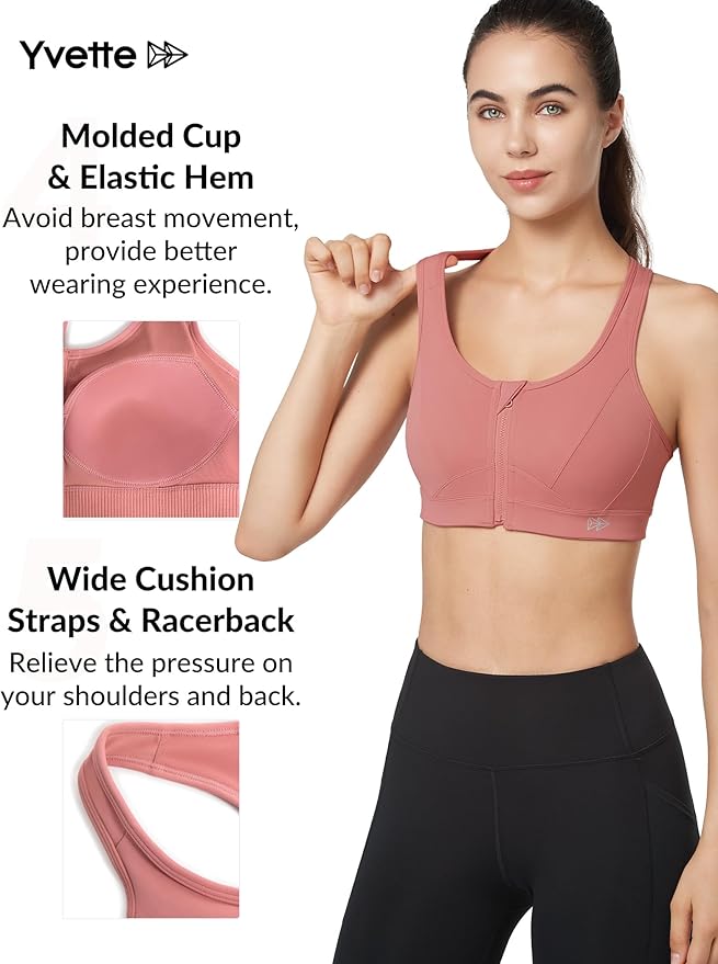 Yvette Zip Front Sports Bra - High Impact Sports Bras for Women Plus Size Workout Fitness Running