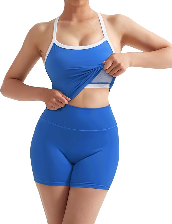 SUUKSESS Women 2 Piece Workout Sets High Waisted Tummy Control Biker Shorts Halter Padded Tank Tops