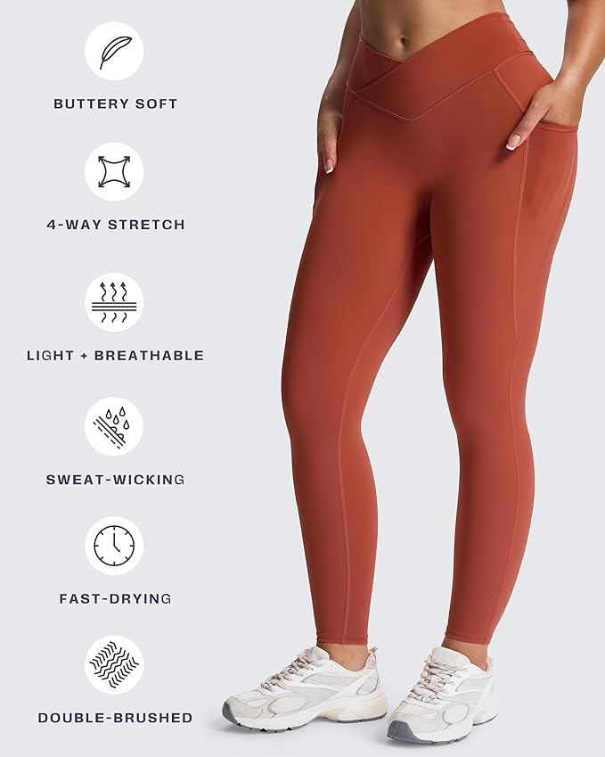 Aoxjox Women's Trinity High Waisted Yoga Pants with Pockets Cross-Waist Tummy Control Buttery Soft Workout Leggings 26"