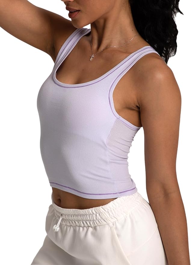 Danysu Women Rib Tank Top Padded Workout Top Square Neck Crop Tank Fitted Basic Cami Tops