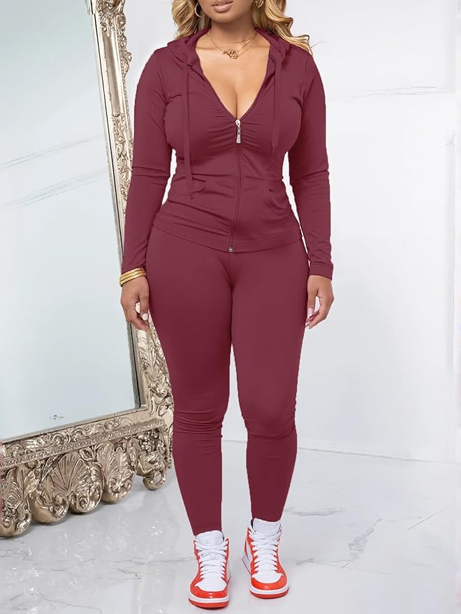 AUXDIO Women 2 Piece Outfits Casual Workout Sets Bodycon Tracksuit Zip Up Long Sleeve Hoodle Jacket Jogger Pants Set