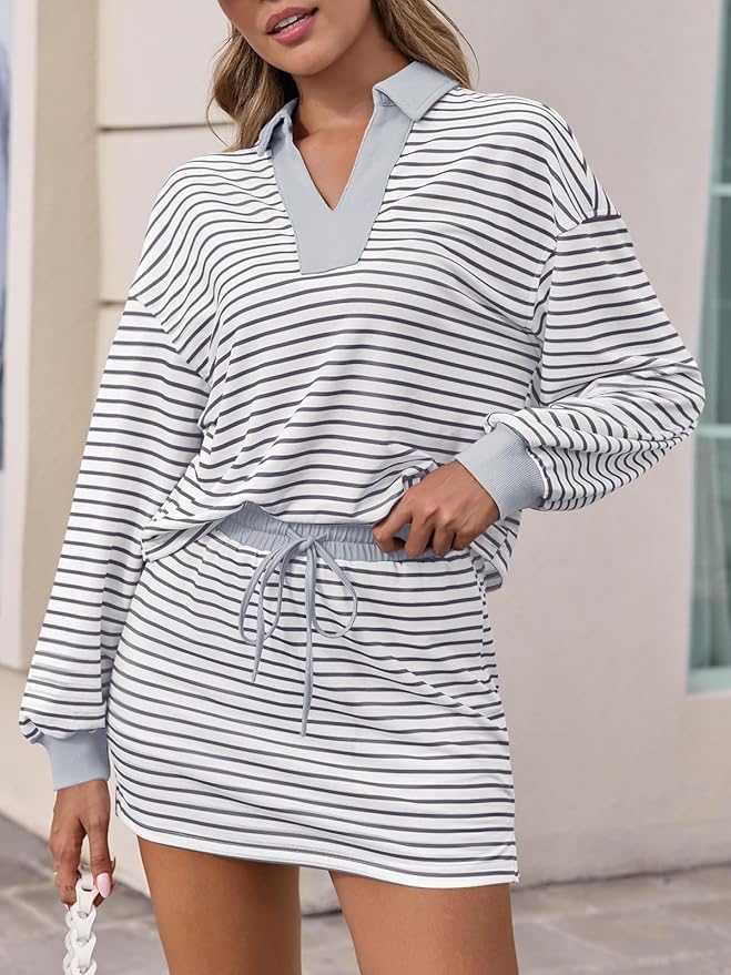 Fisoew Womens Striped 2 Piece Outfits Casual Sweatshirt Skirt Set Long Sleeve Skort Workout Set Matching Lounge Sets