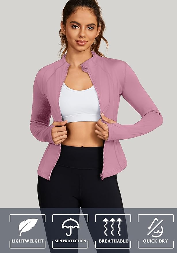 Bosmeer Workout Jackets for Women Lightweight Zip Up Slim Fit Yoga Sportwear Stretchy Crooped Running Jacket with Thumb Holes