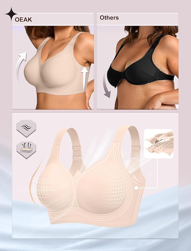 OEAK Womens Wireless Jelly Bra Plus Size Supportive Seamless Bras Full Coverage Push Up Comfortable No Underwire Tshirt Bras