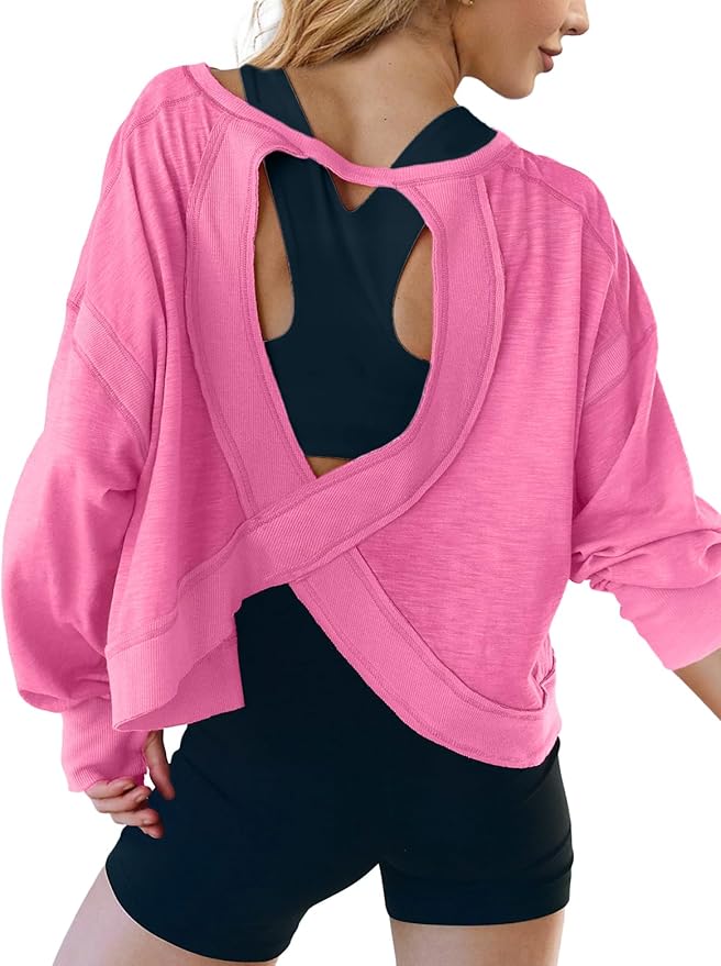 UNIANKIYA Open Back Workout Tops for Women Long Sleeve Cropped Athletic Clothes Gym Running Yoga Low Impact Sports T Shirts