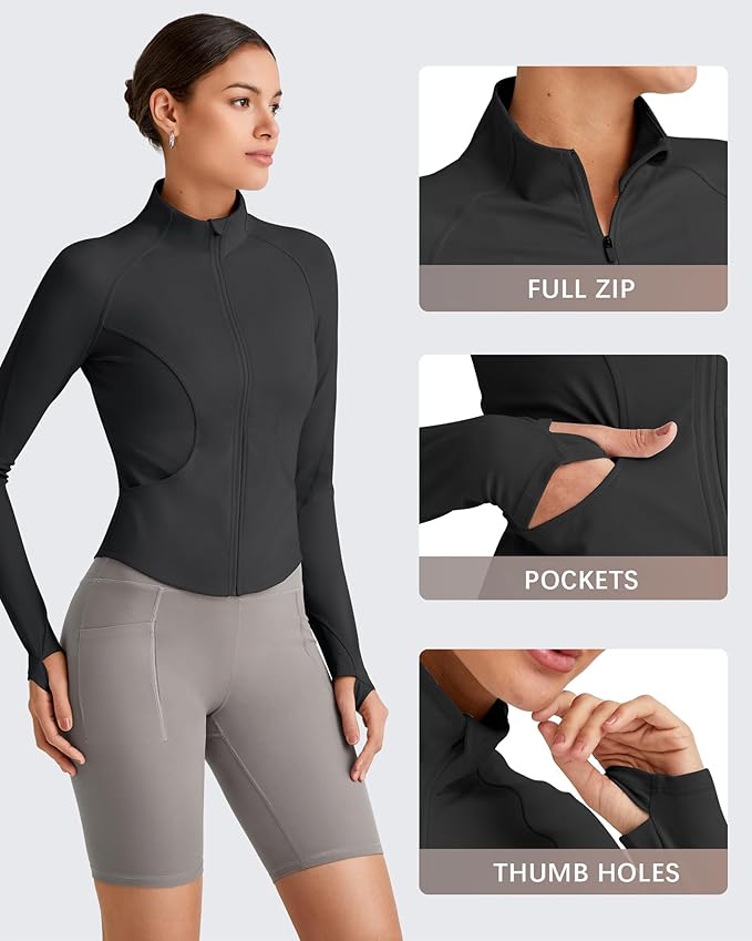 G4Free Workout Jackets for Woman BareFeel Cropped Zip Up Athletic Running Jacket Slim Fit Yoga Tops with Thumb Holes