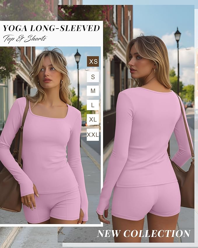 Oakgarden Women's Long Sleeve Yoga Set Square Neck Slim Fit Tops Elastic Soft Thumb Hole Shirt High Waist Shorts with Pockets