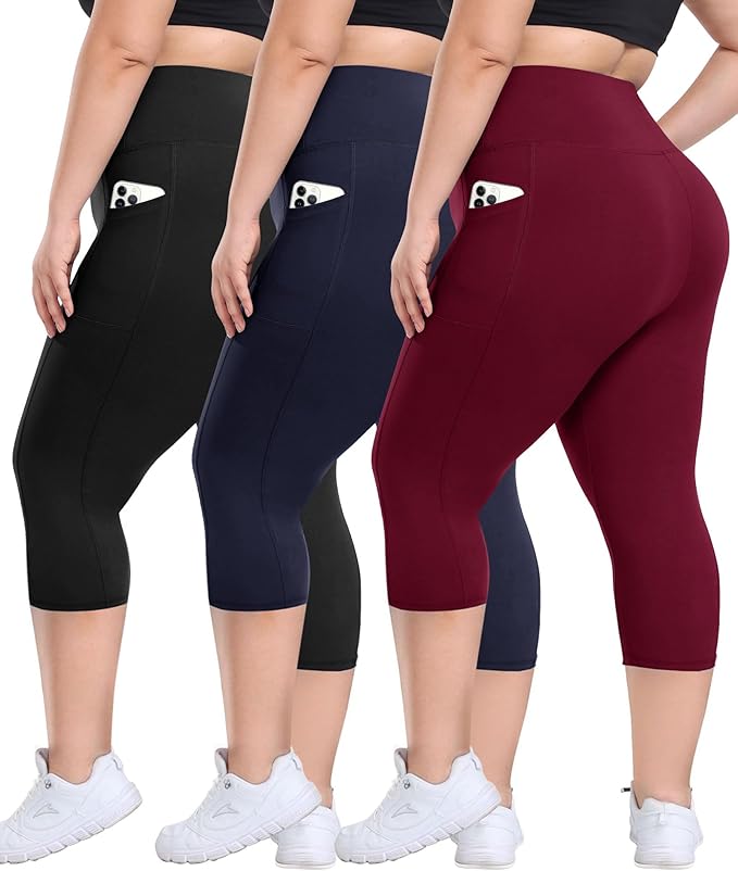 3 Pack Plus Size Leggings with Pockets for Women - High Waisted Tummy Control Spandex Soft Black Workout Yoga Pants