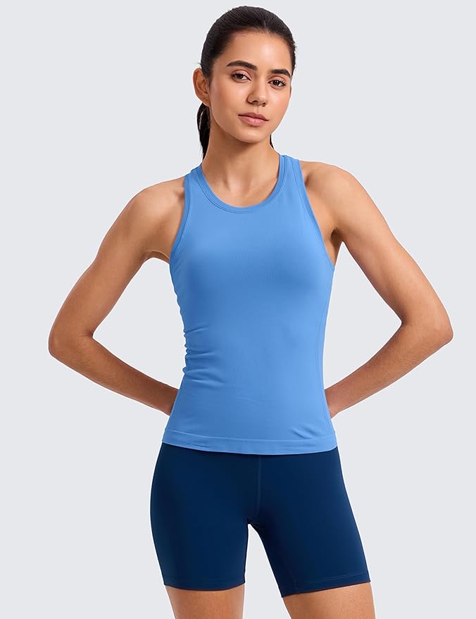 CRZ YOGA Seamless Workout Tank Tops for Women - Athletic Running Gym Sleeveless Shirts Crewneck Racerback Breathable