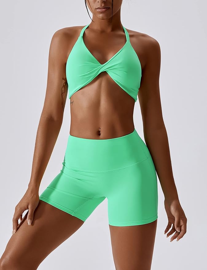 ABOCIW Workout Sets for Women 2 Piece Twist Front Halter Sports Bras High Waist Biker Shorts Exercise Gym Yoga Outfit