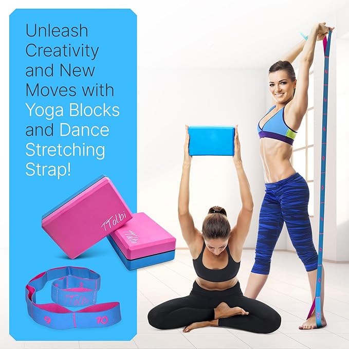 Yoga Blocks 2 Pack with Strap & Guide – Non-Slip EVA Foam Pilates Blocks for Home Workouts, Dance, Ballet, Gymnastics & Stretching Exercise | Ideal Dancer Gifts