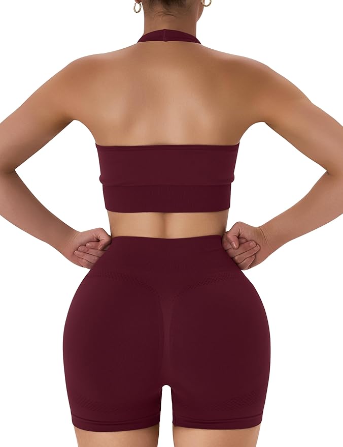 OLCHEE Workout Sets for Women 2 Piece Backless Halter Sports Bra High Waist Booty Shorts Yoga Gym Outfits Lounge Activewear