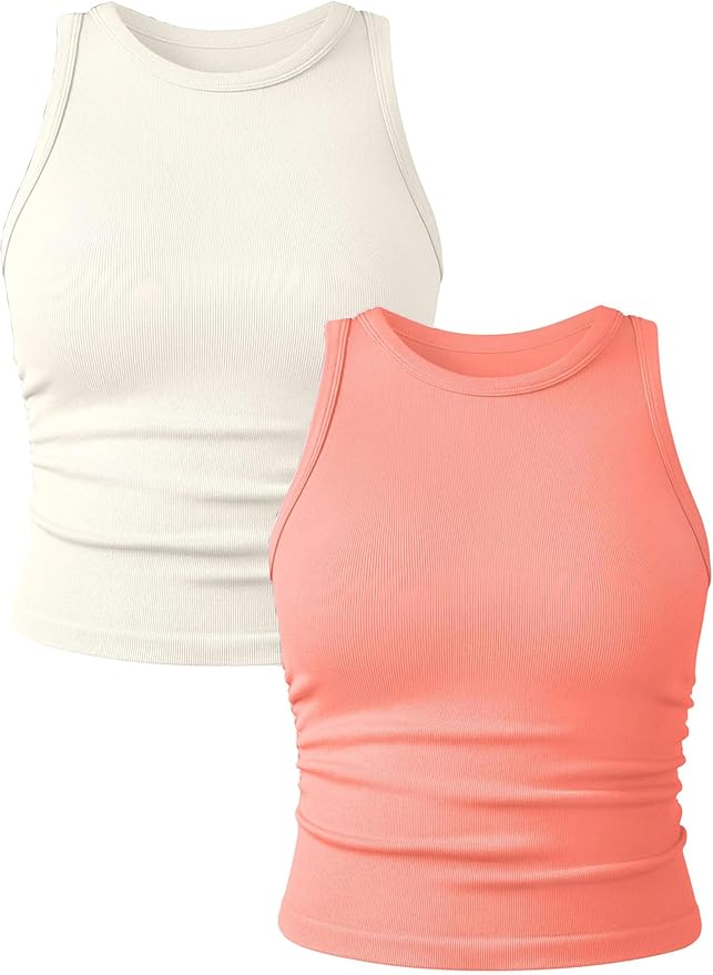 YIOIOIO Women's 2 Pieces Basic Seamless Tank Tops Sleeveless Crew Neck Workout Exercise Crop Camis