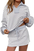 Fisoew Womens Striped 2 Piece Outfits Casual Sweatshirt Skirt Set Long Sleeve Skort Workout Set Matching Lounge Sets