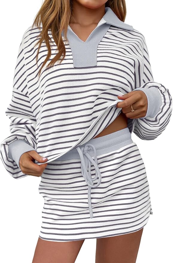 Fisoew Womens Striped 2 Piece Outfits Casual Sweatshirt Skirt Set Long Sleeve Skort Workout Set Matching Lounge Sets