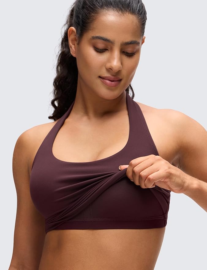 CRZ YOGA Butterluxe Halter Crop Tank Tops for Women - Open Back Padded Longline Sports Bras Workout Gym
