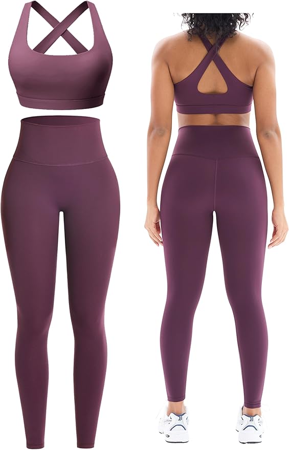 Workout Sets for Women 2 Piece Seamless High-Waisted Leggings & Cross Back Padded Sports Bra for Yoga Pilates